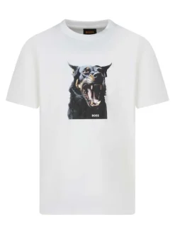 T-shirt en coton blanc à motifs avec une coupe droite et un col rond