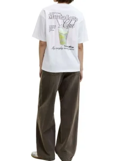 T-shirt en coton blanc à motifs imprimés pourvu d'une coupe droite
