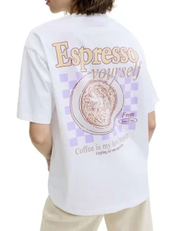 T-shirt en coton blanc à motifs imprimés pourvu d'une coupe droite