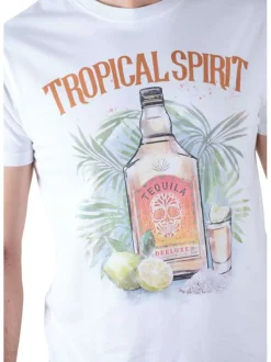 T-shirt en coton blanc à motif tropical spirit à coupe droite et col rond