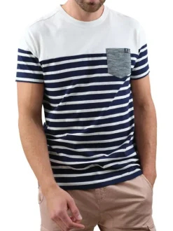 T-shirt en coton blanc rayé avec une coupe droite et un col rond