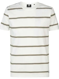 T-shirt en coton blanc rayé coupe droite avec un col rond et étiquette cousue