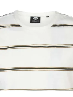 T-shirt en coton blanc rayé coupe droite avec un col rond et étiquette cousue