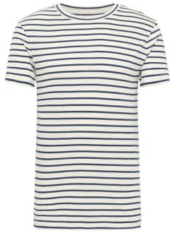 T-shirt en coton blanc à rayures bleues marine avec un col rond
