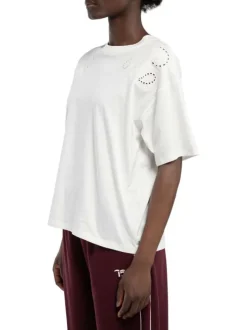 T-shirt en coton blanc uni avec de la broderie ajourée aux épaules et à col rond