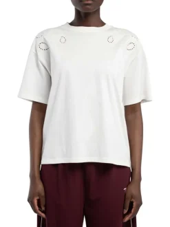T-shirt en coton blanc uni avec de la broderie ajourée aux épaules et à col rond