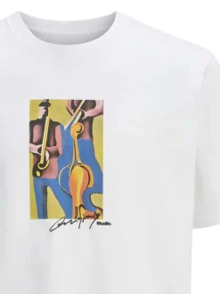 T-shirt en coton blanc uni avec des musiciens et une coupe droite à col rond