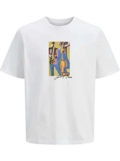 T-shirt en coton blanc uni avec des musiciens et une coupe droite à col rond