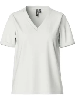 T-shirt en coton blanc uni avec des ourlets aux manches à coupe ample et à col v