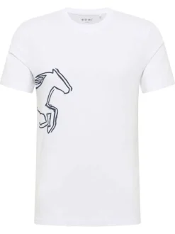 T-shirt en coton blanc uni avec la moitié du logo imprimée et à col rond