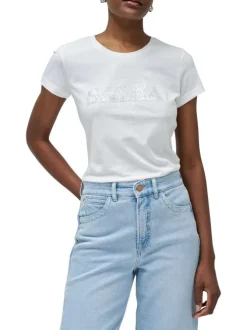 T-shirt en coton blanc uni avec le nom de la marque en sequins et à col rond