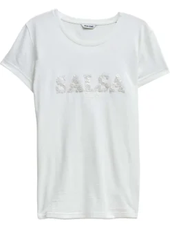 T-shirt en coton blanc uni avec le nom de la marque en sequins et à col rond