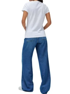 T-shirt en coton blanc uni avec le nom de la marque en strass et un col rond