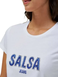 T-shirt en coton blanc uni avec le nom de la marque en strass et un col rond