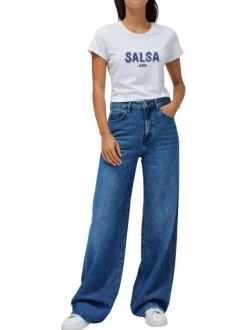T-shirt en coton blanc uni avec le nom de la marque en strass et un col rond