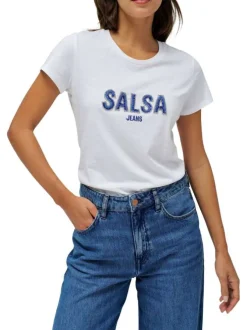 T-shirt en coton blanc uni avec le nom de la marque en strass et un col rond