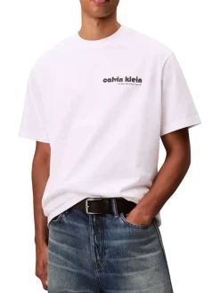 T-shirt en coton blanc uni avec le nom de la marque imprimé et à col rond