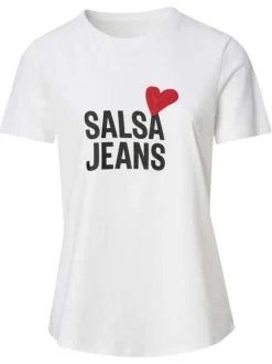 T-shirt en coton blanc uni avec un cœur rouge et une coupe droite à col rond