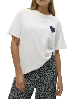 T-shirt en coton blanc uni avec une coupe droite à col rond et un cœur