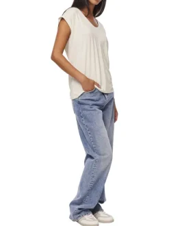 T-shirt en coton blanc uni avec une coupe droite, un col v et en lurex