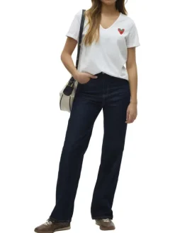 T-shirt en coton blanc uni avec un petit imprimé à la poitrine et un col v