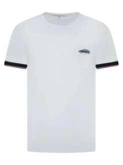 T-shirt en coton blanc uni à col rond avec une petite voiture brodée