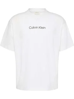 T-shirt en coton blanc uni coupe ajustée col rond avec un logo blanc