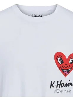 T-shirt en coton blanc uni coupe droite avec col rond et coeur floqué poitrine