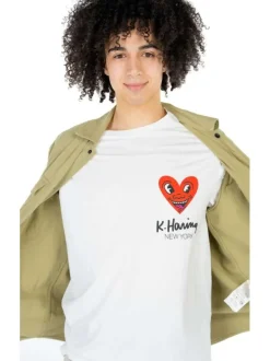 T-shirt en coton blanc uni coupe droite avec col rond et coeur floqué poitrine