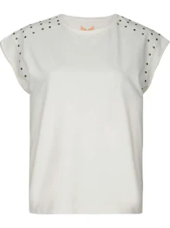 T-shirt en coton blanc uni à coupe droite avec des petits clous aux épaules