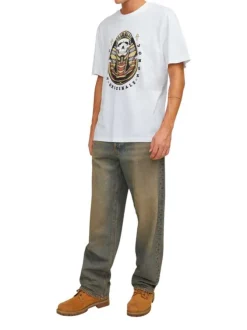 T-shirt en coton blanc uni coupe droite col rond avec un flocage à la poitrine
