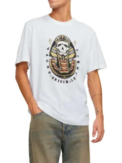 T-shirt en coton blanc uni coupe droite col rond avec un flocage à la poitrine