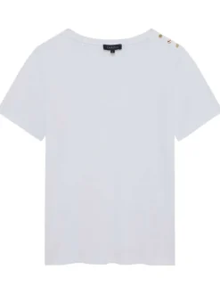 T-shirt en coton blanc uni droit à col v et boutons dorés décoratifs