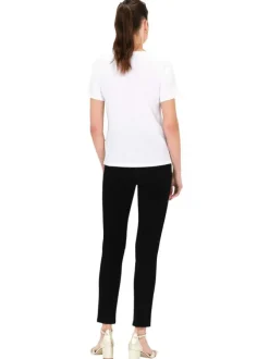 T-shirt en coton blanc uni droit à col v et boutons dorés décoratifs