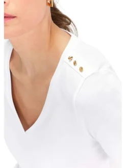 T-shirt en coton blanc uni droit à col v et boutons dorés décoratifs