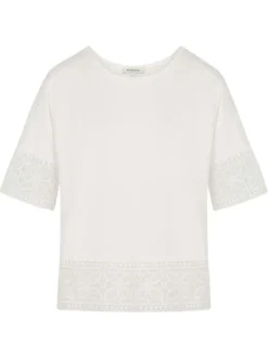 T-shirt en coton blanc uni en dentelle avec une coupe droite et col rond