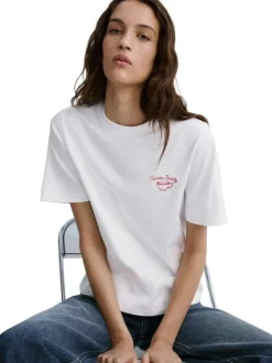 T-shirt en coton blanc uni pourvu d'une tasse à café brodée sur le coeur