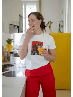 T-shirt en coton blanc uni pourvu d'un imprimé chien avec des lunettes de soleil