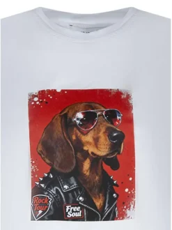 T-shirt en coton blanc uni pourvu d'un imprimé chien avec des lunettes de soleil