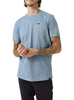 T-shirt en coton bleu chiné avec un col rond et une poche à la poitrine