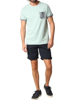 T-shirt en coton bleu ciel chiné à coupe droite avec un col rond et une poche