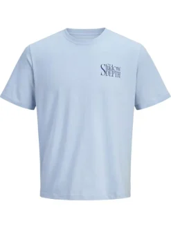 T-shirt en coton bleu ciel imprimé avec une coupe droite et un col rond