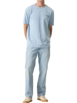 T-shirt en coton bleu ciel imprimé avec une coupe droite et un col rond