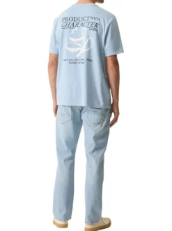 T-shirt en coton bleu ciel imprimé avec une coupe droite et un col rond