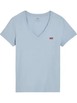 T-shirt en coton bleu ciel uni avec une coupe ajustée un col v et le logo brodé