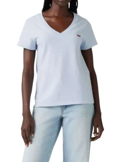 T-shirt en coton bleu ciel uni avec une coupe ajustée un col v et le logo brodé