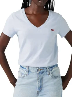 T-shirt en coton bleu ciel uni avec une coupe ajustée un col v et le logo brodé