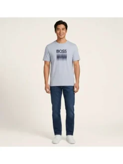 T-shirt en coton bleu clair avec imprimé logo à coupe droite et à col rond