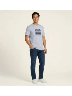 T-shirt en coton bleu clair avec imprimé logo à coupe droite et à col rond