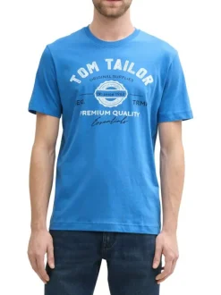 T-shirt en coton bleu à col rond avec un gros imprimé à l'avant
